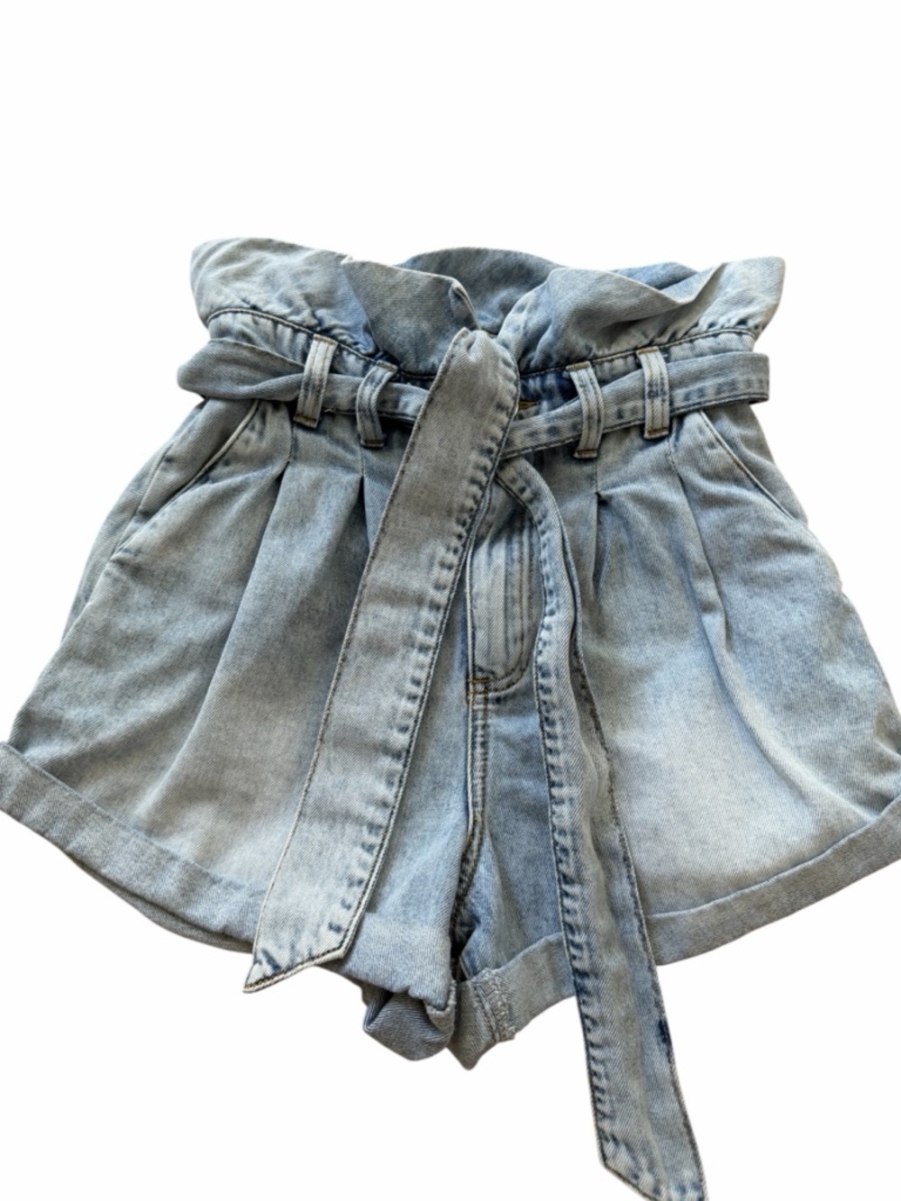 Light Wash Denim Paperbag Waist Shorts with Tie Belt - Picture 4 of 7